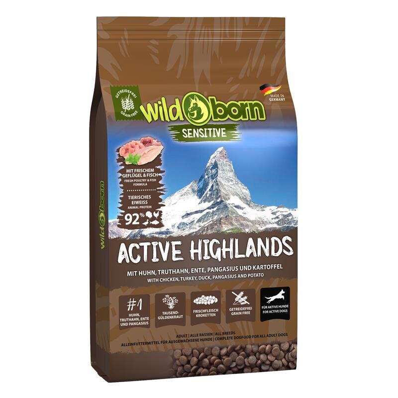 Kornfritt tørrfôr Active Highlands kylling og and aktive hunder - Wildborn forfra