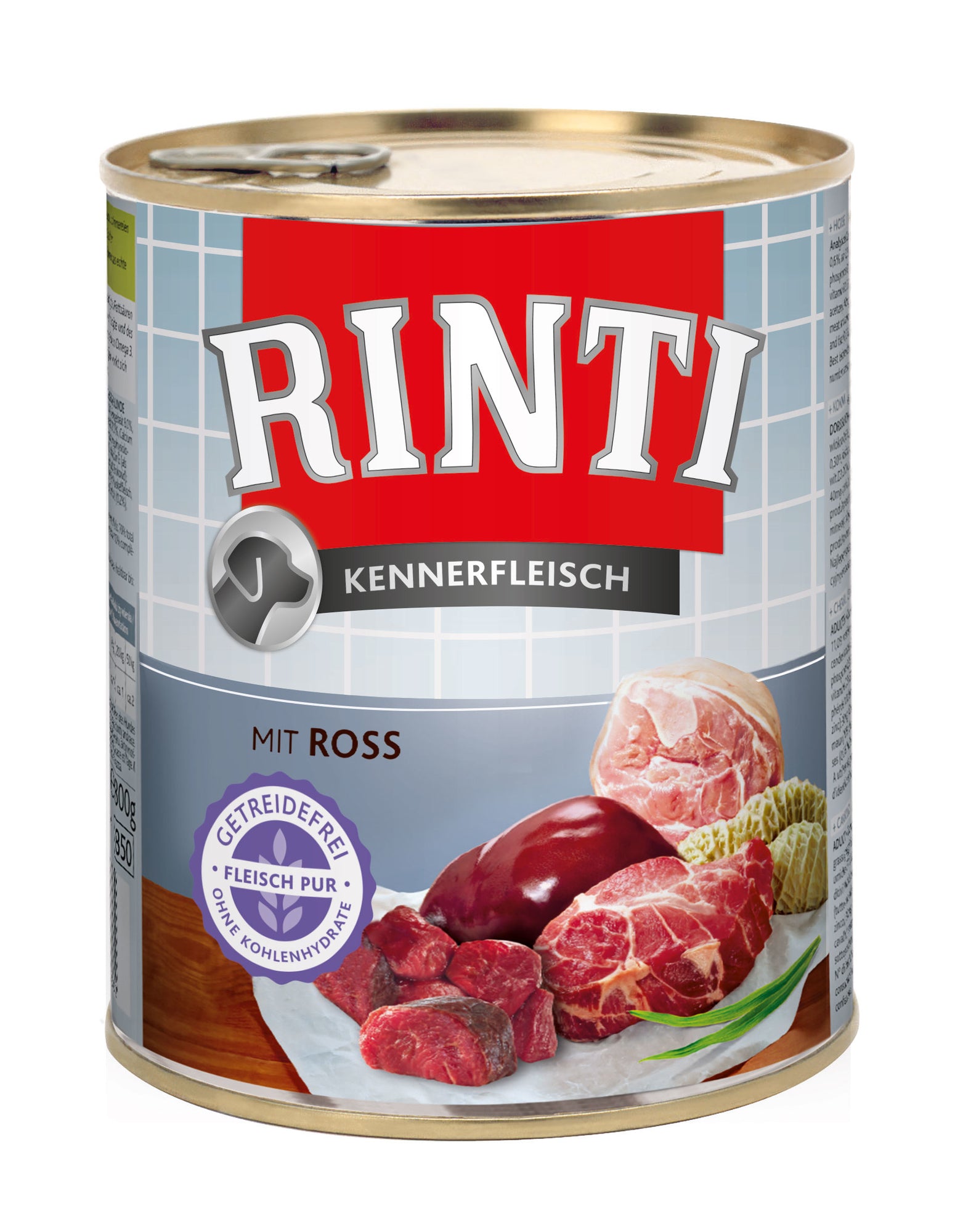 Nærbilde av naturlige kjøttstykker i Rinti Kennerfleisch våtfôr